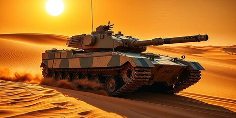 Rugged military tank traversing scorching sand dunes under intense sun, military, horizon