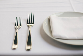 Two forks are neatly placed beside a plate with a folded napkin on a white tablecloth. The composition is minimalist and serene.