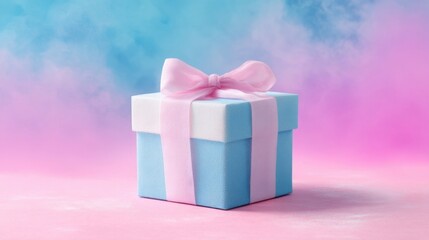 Obraz premium A small blue gift box adorned with a satin pink bow rests on a pastel pink table against a soothing blue gradient backdr