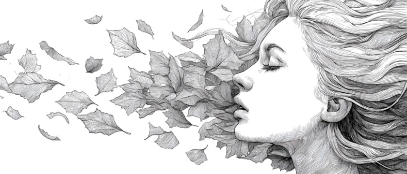 Doodle wind carrying fallen leaves. Line art vector isolated illustration