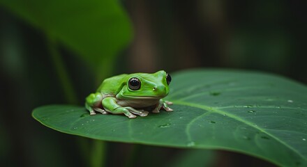 Obraz premium A Green Tree Frog Perched on a Leaf in a Lush Tropical Environment Showcasing Wildlife