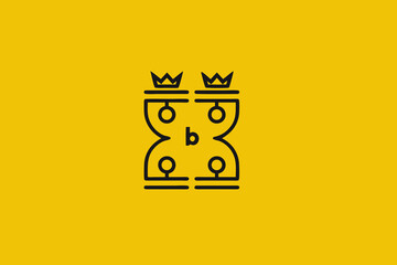 Fototapeta premium Minimalist black line art icon featuring two crowned figures in symmetrical design on a vibrant yellow background, abstract royalty concept