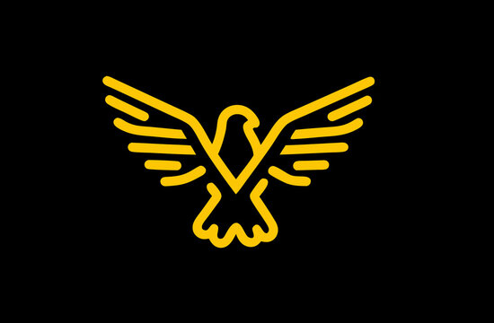 Minimalist yellow outline of a majestic eagle or bird of prey with wings spread, a powerful and elegant graphic symbol on a black background.