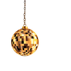 Obraz premium Shimmering gold disco ball swinging from chain, ready to light up the dance floor and bring retro vibes to your party or event, celebrating music and fun