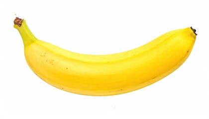 A single, ripe, yellow, curved fruit, isolated against a bright white background