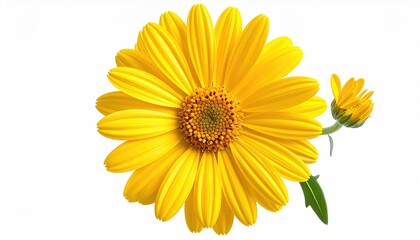 Bright yellow flower with many petals, alongside a bud on white background