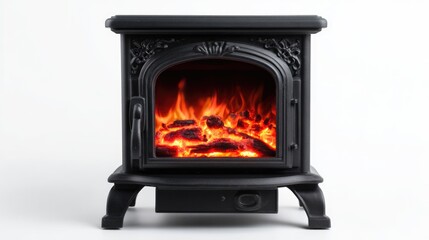 Portable black electric stove fireplace with a warm, crackling flame effect featuring decorative elements on white background. Stylish, elegant and effective heater for a living room or bedroom