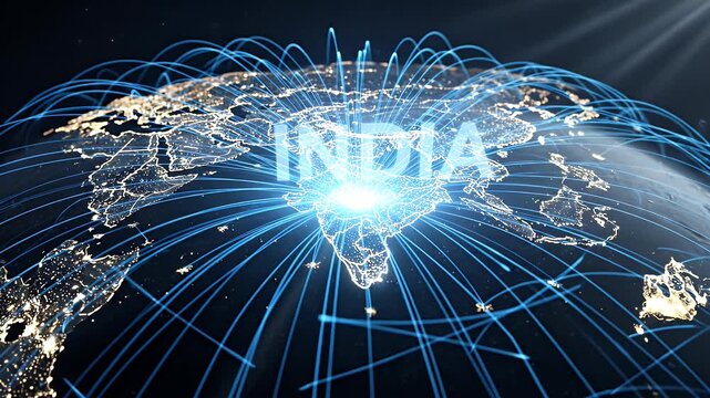 Digital globe focusing on India with glowing network connection, representing global business