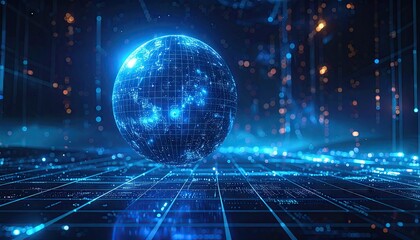 Abstract Glowing Blue Sphere with Digital Data on Grid in a Dark Background