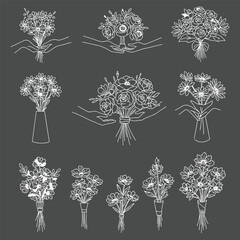 Collection of elegant floral bouquets in white line art style.
