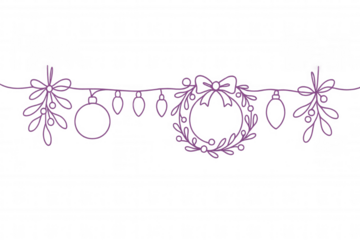 Holiday garland drawing with purple line art ornaments, mistletoe, and wreath. Christmas decoration on transparent background