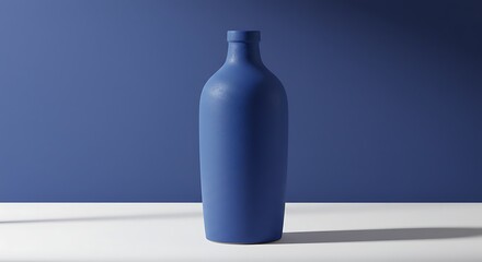 Minimalist Blue Ceramic Bottle on White Surface Against Deep Blue Background