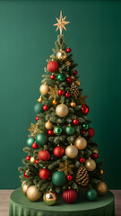 “Traditional Christmas Tree with Red, Gold, and Green Ornaments Indoors”