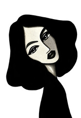Abstract female portrait PNG, minimalist woman face illustration, contemporary black and white fashion artwork, elegant modern art deco inspired feminine design isolated without background