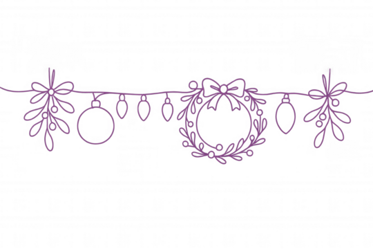 Holiday garland drawing with purple line art ornaments, mistletoe, and wreath. Christmas decoration on transparent background
