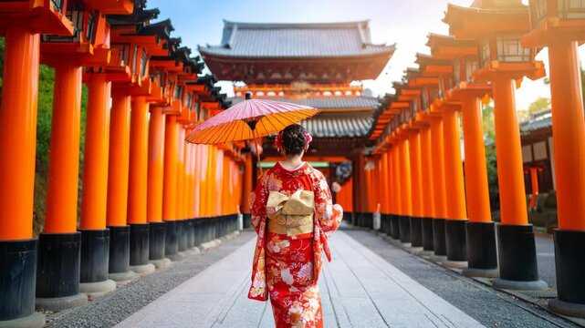 Woman wearing red kimono and holding parasol walking through orange torii gates towards traditional temple at daytime under blue sky.