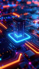 Obraz premium Futuristic Cityscape on Circuit Board with Glowing Neon Accents Abstract Digital Art with Red and Blue Lights on a Dark Background