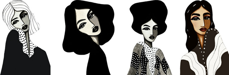 Set of abstract fashion women portraits PNG, modern female illustration, contemporary black and white art deco faces, minimalist stylish artwork of elegant girls isolated without background