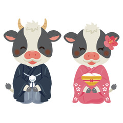 Fototapeta premium 晴れ姿で笑顔な丑年のキャラクター 男女／Smiling ox zodiac characters wearing kimonos, Male and female