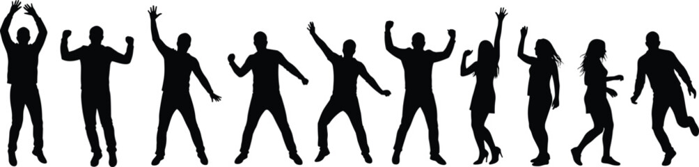 Silhouette of diverse group of people jumping, dancing, celebrating happiness, teamwork unity, freedom, motivation, joy, success, community spirit, supportSilhouette of diverse group of people 