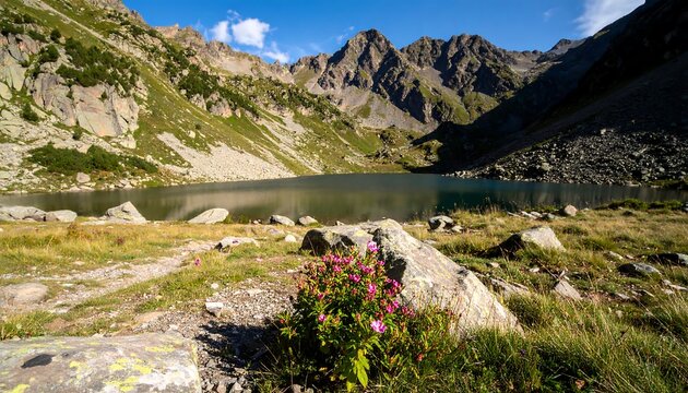 Serene mountain lake framed by peaks and grassy foreground