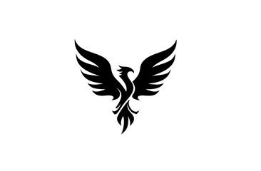 Obraz premium Mythical Phoenix bird silhouette with powerful spread wings, symbolizing rebirth, strength, and eternity. Black graphic design on white background.
