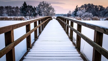 Snowy wooden bridge over frozen lake at dawn