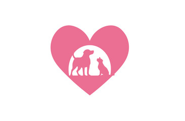 Pink heart vector illustration with dog and cat silhouettes, symbolizing pet love, animal care, adoption, and veterinary services.
