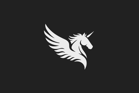 Elegant white winged unicorn illustration on black background. Mythical creature, fantasy art, magical animal, graphic design element.