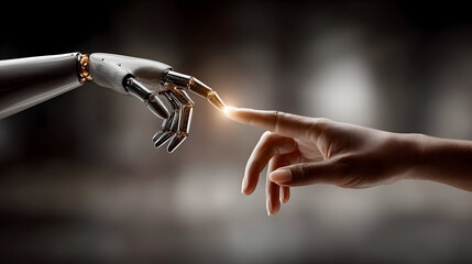 AI, Machine learning, Hands of robot and human touching on big data network connection background, Science and artificial intelligence technology, innovation and futuristic