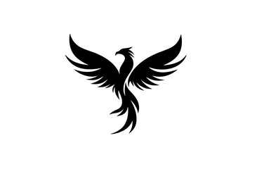 Majestic black phoenix bird silhouette with spread wings and flowing tail, a powerful mythical creature symbol or elegant logo design element.