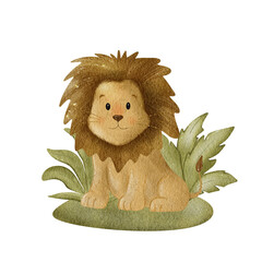 Watercolor hand drawn illustration of cute lion in jungles. Illustration for kids textile, decor, design, wall stickers. 