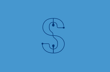 Abstract letter S initial with circuit board lines and dots on a blue background, symbolizing digital technology, connection, and network.