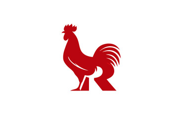 Dynamic red rooster logo design with integrated letter 'R' on a clean white background, modern fowl emblem vector illustration.