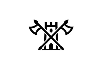 Minimalist black and white graphic icon featuring a stylized castle tower with two crossed axes, symbolizing strength, history, and medieval themes.