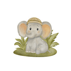 Watercolor cute illustration of elephant. Illustration isolated on white backdrop. For kids cards, decor, stickers, design. 