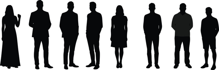 Silhouette of diverse group of people standing together, men and women in different poses, business, fashion, teamwork, lifestyle concept