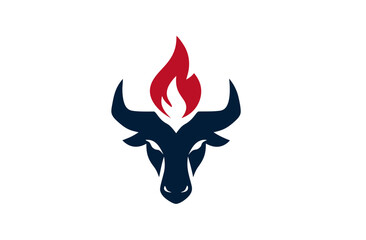 Dynamic bull head logo with a fiery red flame on a white background, symbolizing power, strength, and energy. Modern graphic design icon.