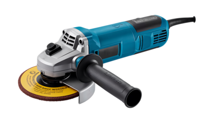 Professional blue angle grinder tool with cutting disc for metal and concrete isolated on transparent background