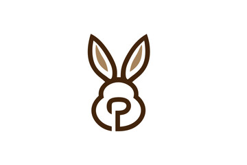 Minimalist brown rabbit head logo design with integrated letter P, simple line art bunny icon for modern branding concept