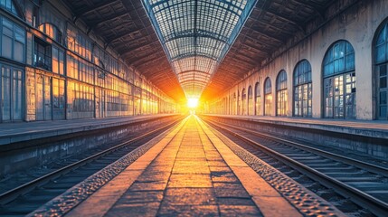 Sun shining through the arched glass roof of a train station.