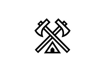 Minimalist crossed axes and tent line art icon, symbolizing outdoor adventure, camping, wilderness, survival, and exploration.