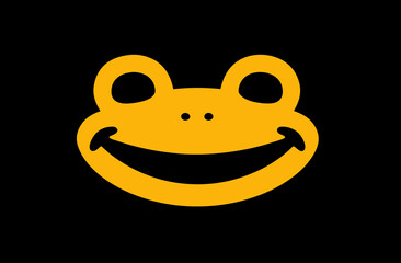 Stylized yellow cartoon frog head with a joyful wide smile on a dark black background, simple cheerful amphibian icon illustration