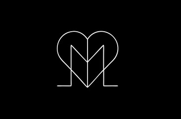 Elegant white line art initial 'M' integrated within a heart shape on a pure black background. Modern minimalist graphic love symbol and design element.