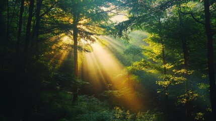 Sunbeams illuminate a misty forest with green trees in a magical scene.