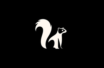 Minimalist black and white vector illustration of a cute stylized animal with a bushy tail, sitting isolated on a dark background.