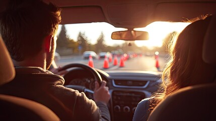 Fototapeta premium A man and a woman driving a car on a road with traffic cones.