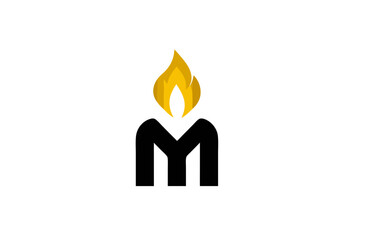 Modern minimal letter M logo with a golden flame design, abstract candle symbol. Clean graphic mark for energy, light, and warmth.