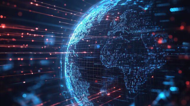 Digital earth globe with glowing blue continents and red data streams in a dark background