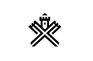 Minimalist black and white graphic featuring a stylized castle tower with crossed geometric lines, abstract security symbol.